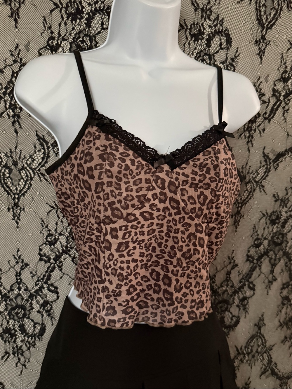 Leopard Print Lace Trim Cami Tank Top - Brown